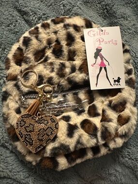 Gilda Paris Leopard Faux Fur Mini Backpack with Heart Keychain - Brown/Cream